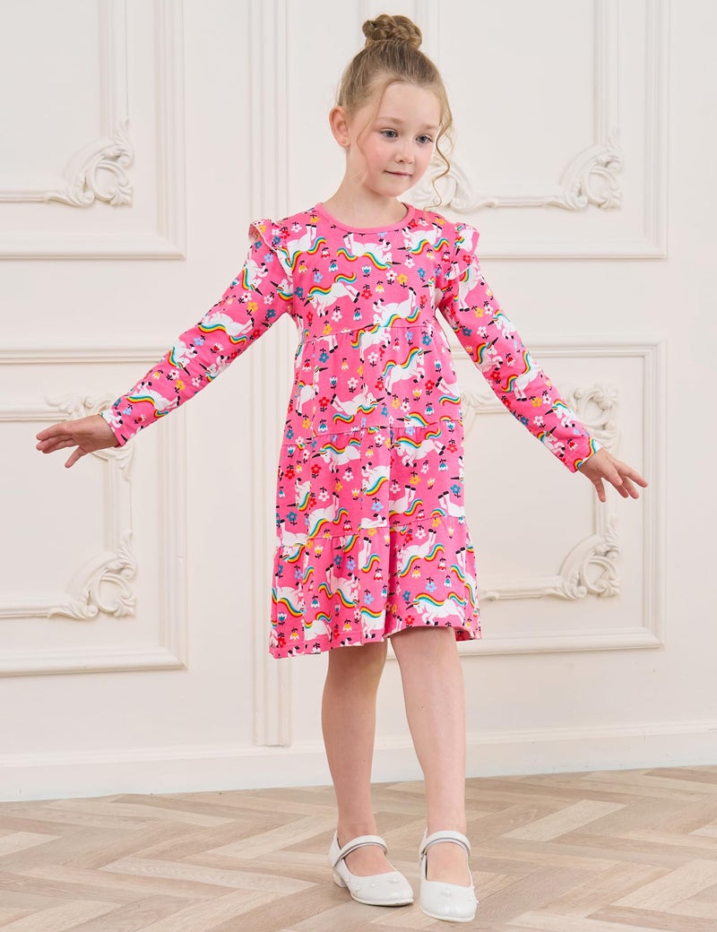 Bumeex Kids Girl Dress Fall Spring Ruffle Long Sleeve Cute School Cotton Casual A-Line Dresses Outfits Clothing Clothes Vestido para NiÃ±a Pink Unicorn 8-9 Years - Image 2