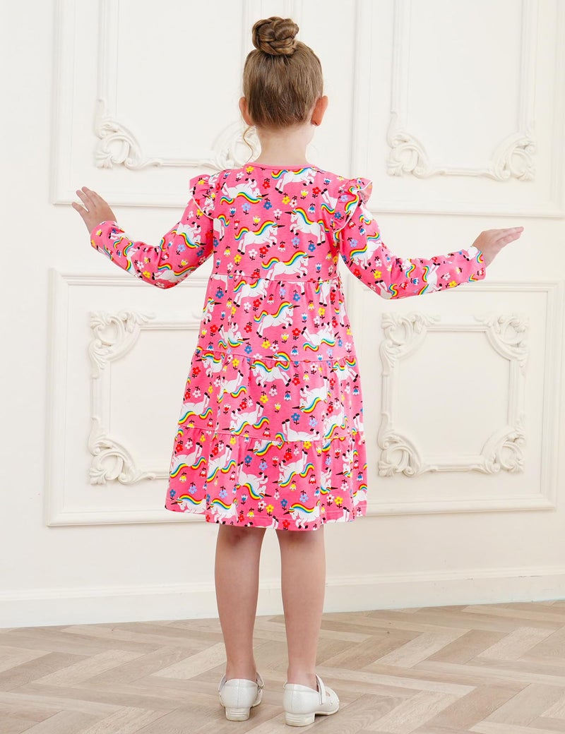 Bumeex Kids Girl Dress Fall Spring Ruffle Long Sleeve Cute School Cotton Casual A-Line Dresses Outfits Clothing Clothes Vestido para NiÃ±a Pink Unicorn 8-9 Years - Image 5