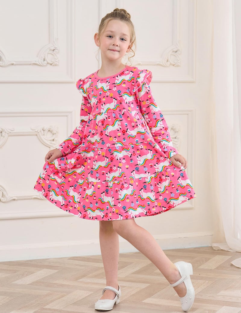 Bumeex Kids Girl Dress Fall Spring Ruffle Long Sleeve Cute School Cotton Casual A-Line Dresses Outfits Clothing Clothes Vestido para NiÃ±a Pink Unicorn 8-9 Years - Image 3