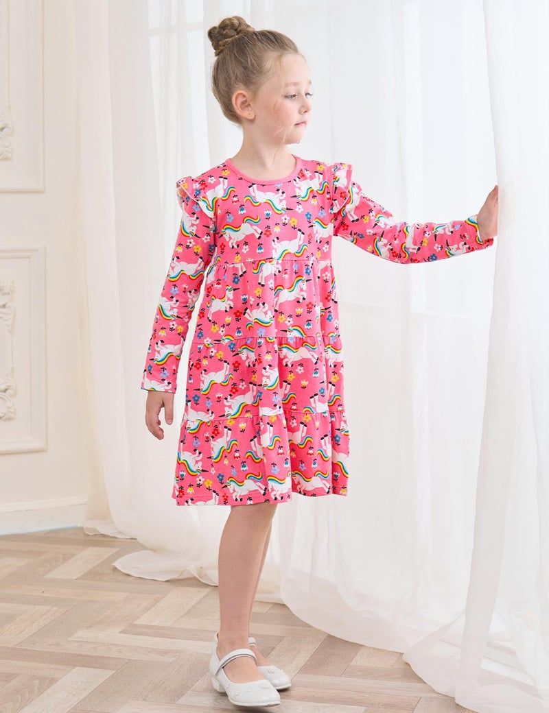 Bumeex Kids Girl Dress Fall Spring Ruffle Long Sleeve Cute School Cotton Casual A-Line Dresses Outfits Clothing Clothes Vestido para NiÃ±a Pink Unicorn 8-9 Years - Image 4