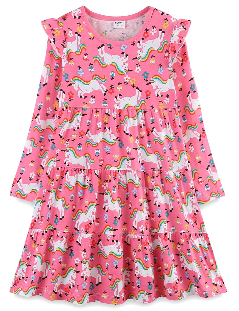 Bumeex Kids Girl Dress Fall Spring Ruffle Long Sleeve Cute School Cotton Casual A-Line Dresses Outfits Clothing Clothes Vestido para NiÃ±a Pink Unicorn 8-9 Years - Image 1