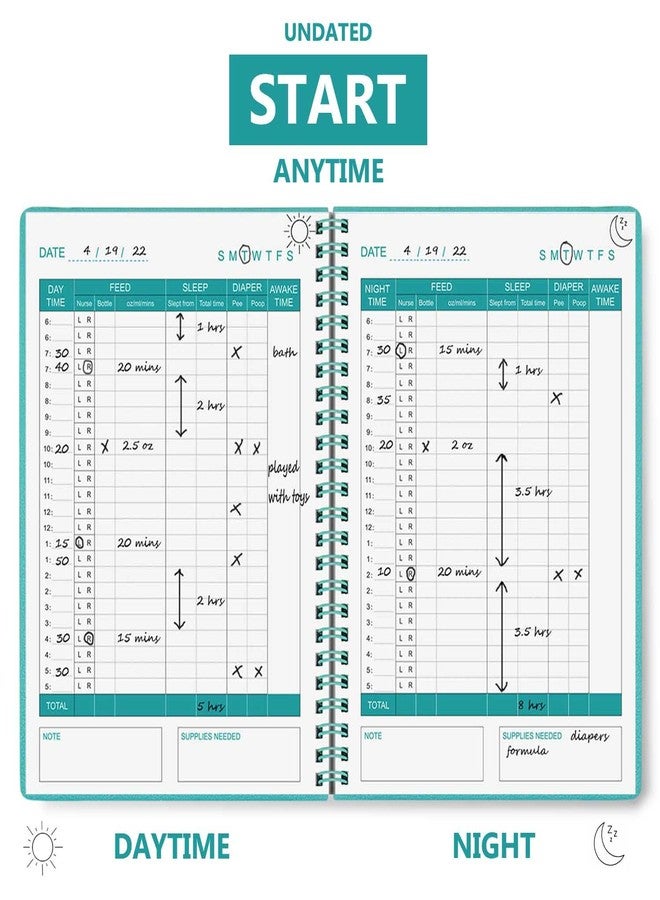 Cheericome Baby's Daily Log Book - Baby Care Planner for Newborns with 152 Easy to Fill Pages,Tracking Feed,Sleeping,Diaper,Awake Time to take Good Care of Your Newborn Baby's - Teal PU Cover - Image 3