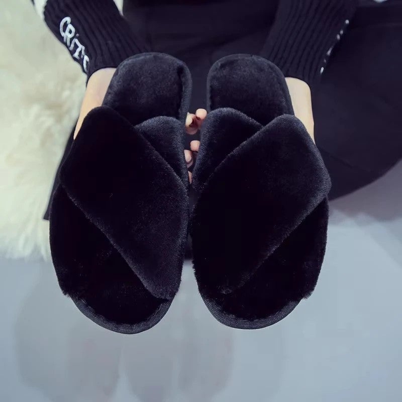 Y&D Home Shoes Women House Slippers Warm Faux Fur Ladies Cross Soft Plush Furry Female Open Toe Slides Fur Fuzzy Slippers Women - Image 4