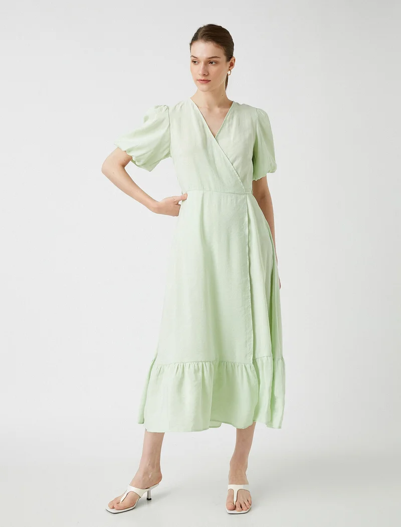 KOTON Midi Dress Puff Sleeve V Neck Modal Blended