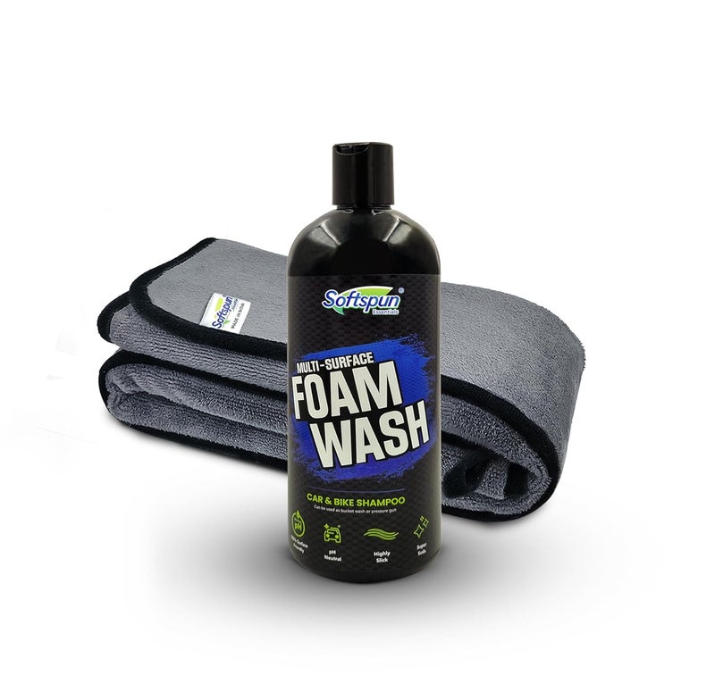 SOFTSPUN Microfiber & Car Shampoo Combo | 500 gsm 35x75cm 1 Pc Grey+500mL Car & Bike Premium Liquid Shampoo | Thick Foam, Removes Tough Dirt & Grime | pH Neutral | Works with Bucket & Foam Cannon. - Image 1