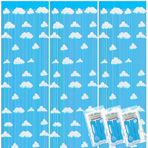 XunYee Blue Sky White Clouds Birthday Party Supplies, Clouds Theme Tinsel Foil Fringe Curtains Toy Party Supplies, Cartoon Story Backdrop for Baby Shower Decorations(3 Pack) - Image 1