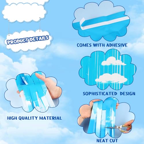 XunYee Blue Sky White Clouds Birthday Party Supplies, Clouds Theme Tinsel Foil Fringe Curtains Toy Party Supplies, Cartoon Story Backdrop for Baby Shower Decorations(3 Pack) - Image 4