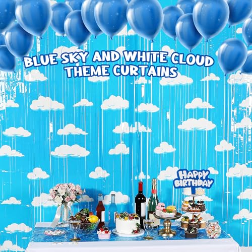 XunYee Blue Sky White Clouds Birthday Party Supplies, Clouds Theme Tinsel Foil Fringe Curtains Toy Party Supplies, Cartoon Story Backdrop for Baby Shower Decorations(3 Pack) - Image 5