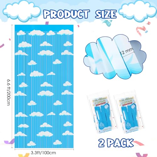 XunYee Blue Sky White Clouds Birthday Party Supplies, Clouds Theme Tinsel Foil Fringe Curtains Toy Party Supplies, Cartoon Story Backdrop for Baby Shower Decorations(3 Pack) - Image 3