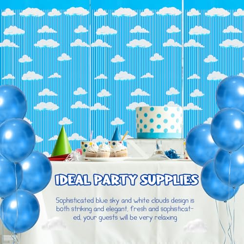 XunYee Blue Sky White Clouds Birthday Party Supplies, Clouds Theme Tinsel Foil Fringe Curtains Toy Party Supplies, Cartoon Story Backdrop for Baby Shower Decorations(3 Pack) - Image 2