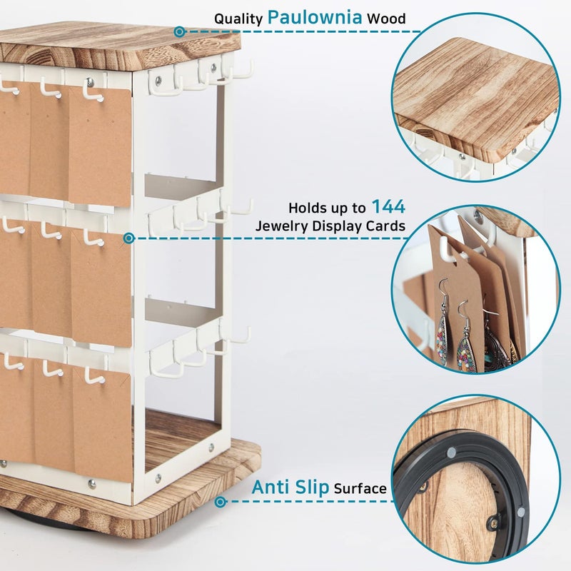 J JACKCUBE DESIGN Jewelry Display for Vendors Rotating Earring Tower Holder Organizer, Jewelry Display Rack, Vintage Farmhouse Style Stand for Necklaces, Piercings with 48 Hooks and Wood Tray White Metal Shelf -MK1073B - Image 2