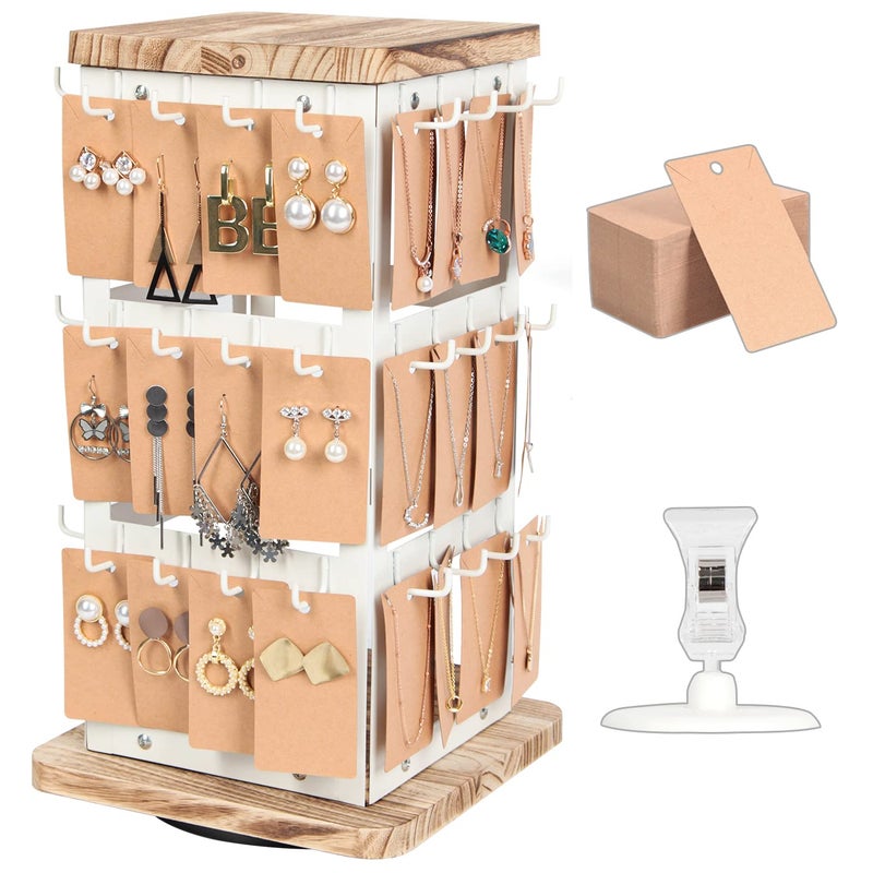 J JACKCUBE DESIGN Jewelry Display for Vendors Rotating Earring Tower Holder Organizer, Jewelry Display Rack, Vintage Farmhouse Style Stand for Necklaces, Piercings with 48 Hooks and Wood Tray White Metal Shelf -MK1073B - Image 1