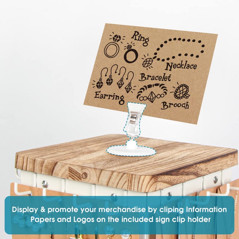 J JACKCUBE DESIGN Jewelry Display for Vendors Rotating Earring Tower Holder Organizer, Jewelry Display Rack, Vintage Farmhouse Style Stand for Necklaces, Piercings with 48 Hooks and Wood Tray White Metal Shelf -MK1073B - Image 5