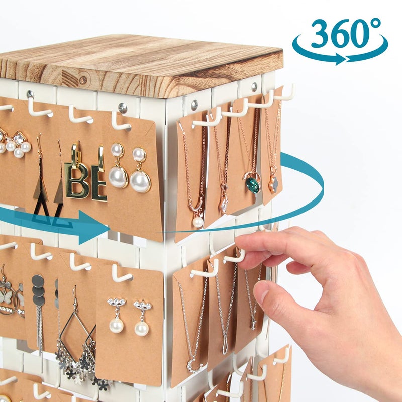 J JACKCUBE DESIGN Jewelry Display for Vendors Rotating Earring Tower Holder Organizer, Jewelry Display Rack, Vintage Farmhouse Style Stand for Necklaces, Piercings with 48 Hooks and Wood Tray White Metal Shelf -MK1073B - Image 4