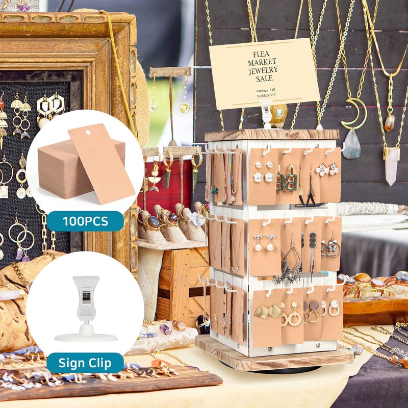 J JACKCUBE DESIGN Jewelry Display for Vendors Rotating Earring Tower Holder Organizer, Jewelry Display Rack, Vintage Farmhouse Style Stand for Necklaces, Piercings with 48 Hooks and Wood Tray White Metal Shelf -MK1073B - Image 3