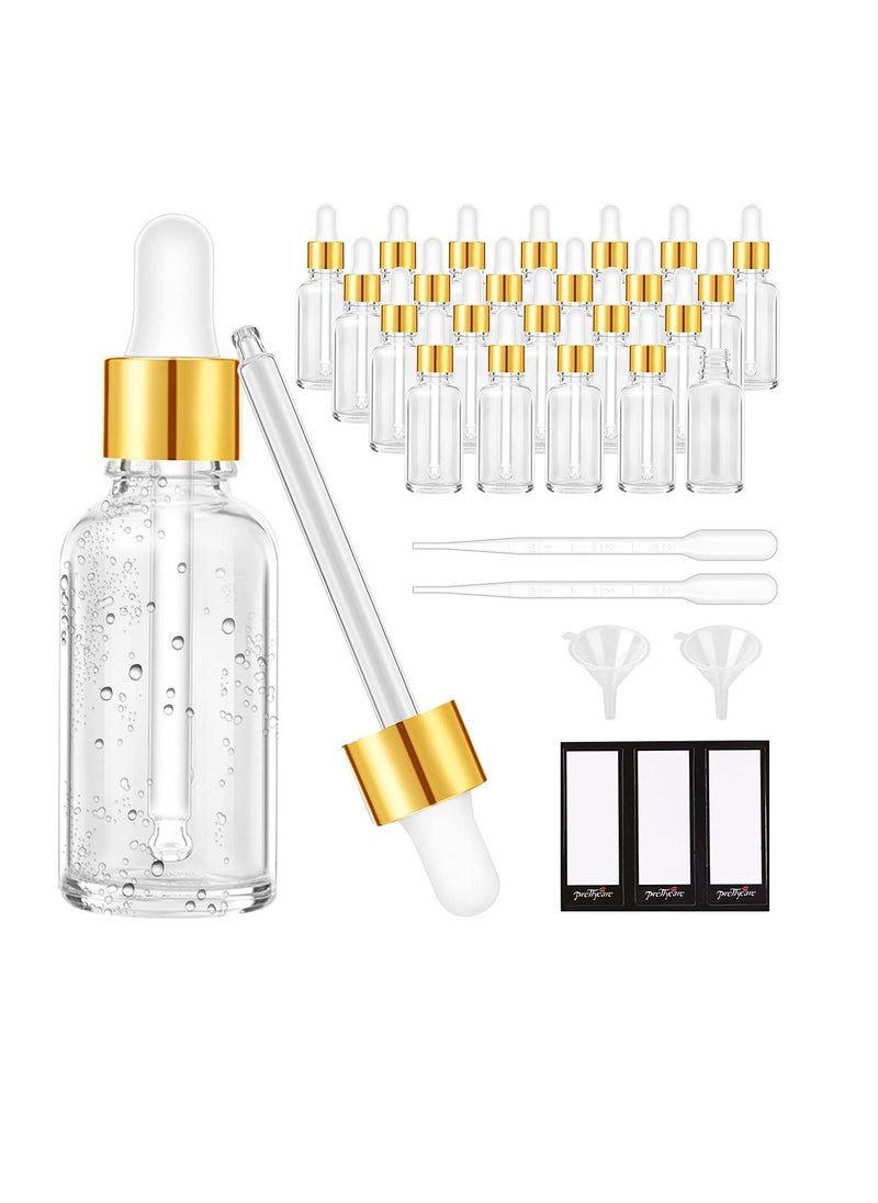 PrettyCare 24 Pack 2 Oz Glass Eye Dropper Bottles Clear, 60 ml Empty Tincture Dropper Bottle with droppers, 1 Extra Cap, 2 Plastic Funnels, 2 Pipettes & 48 stickers for DIY Essential Oils, Body Oil, Beauty Oil  - Image 1