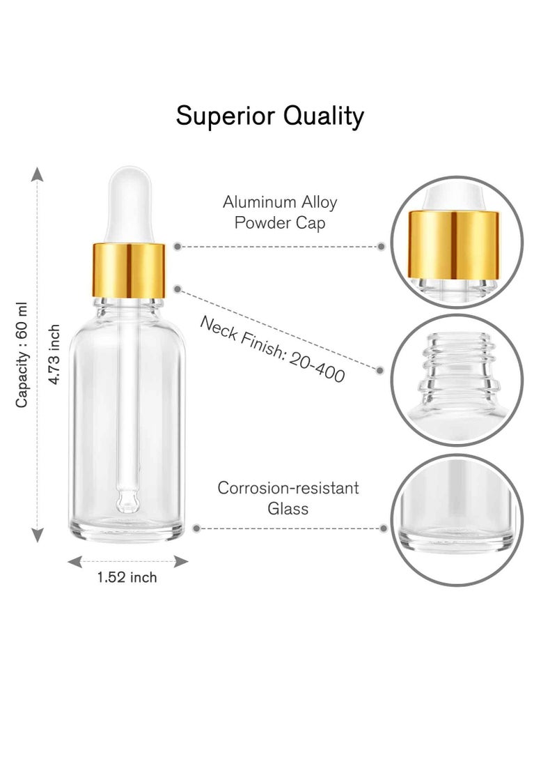 PrettyCare 24 Pack 2 Oz Glass Eye Dropper Bottles Clear, 60 ml Empty Tincture Dropper Bottle with droppers, 1 Extra Cap, 2 Plastic Funnels, 2 Pipettes & 48 stickers for DIY Essential Oils, Body Oil, Beauty Oil  - Image 3