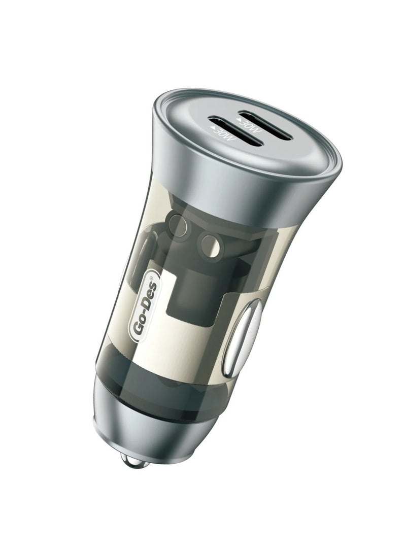 GO-DES Dual USB-C 60W Fast Car Charger Metal Adapter with Smart Power Distribution and Transparent Shell - Image 1