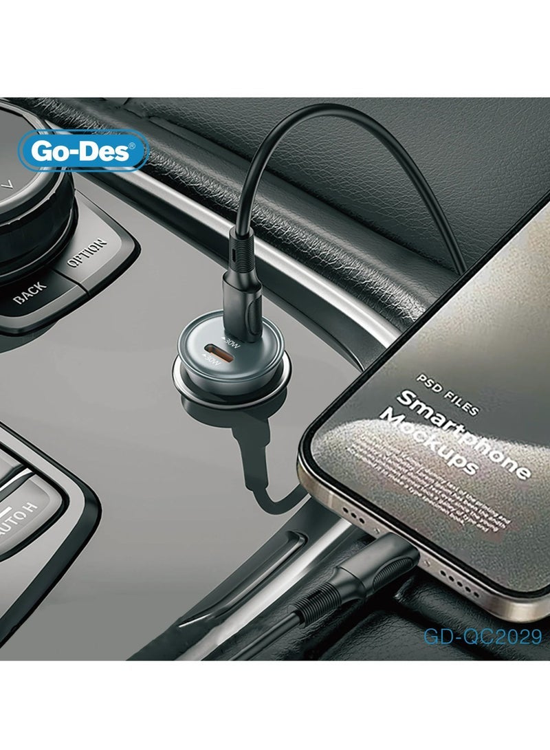 GO-DES Dual USB-C 60W Fast Car Charger Metal Adapter with Smart Power Distribution and Transparent Shell - Image 2