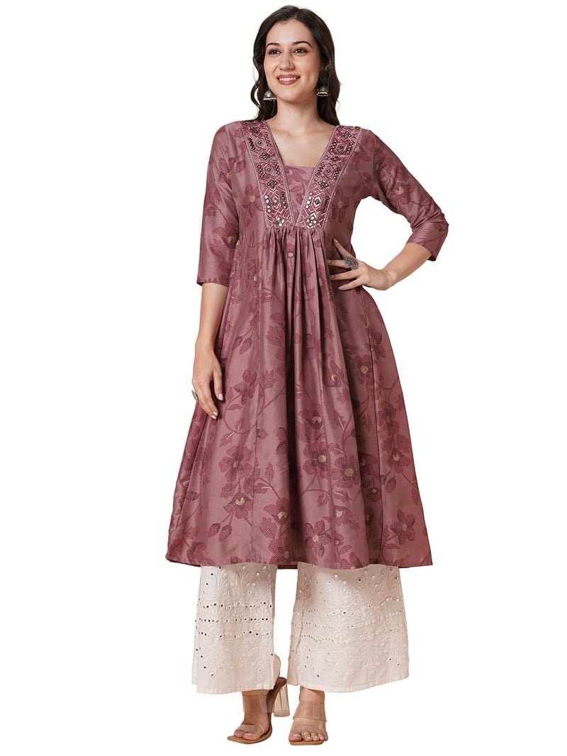 RATAN Women's Gold Printed Viscose Flared Mirrorwork Ethnic Wear Anarkali Kurta (SJWT-7410-L_Mauve) - Image 1
