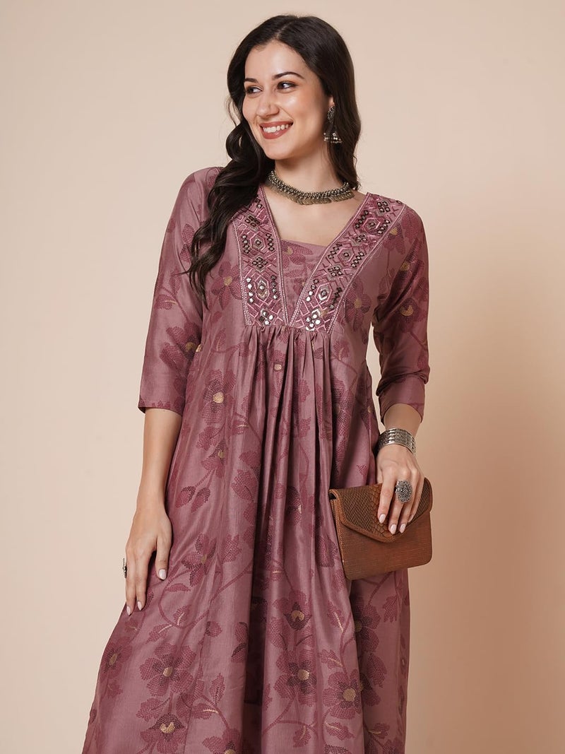RATAN Women's Gold Printed Viscose Flared Mirrorwork Ethnic Wear Anarkali Kurta (SJWT-7410-L_Mauve) - Image 5