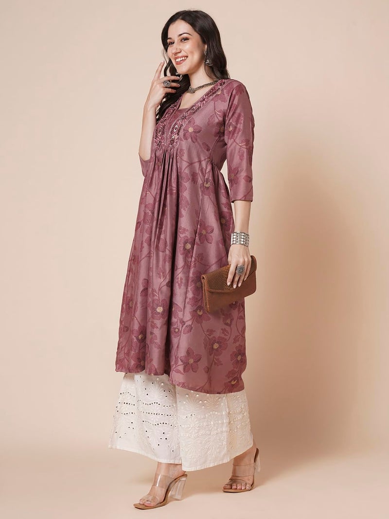 RATAN Women's Gold Printed Viscose Flared Mirrorwork Ethnic Wear Anarkali Kurta (SJWT-7410-L_Mauve) - Image 4