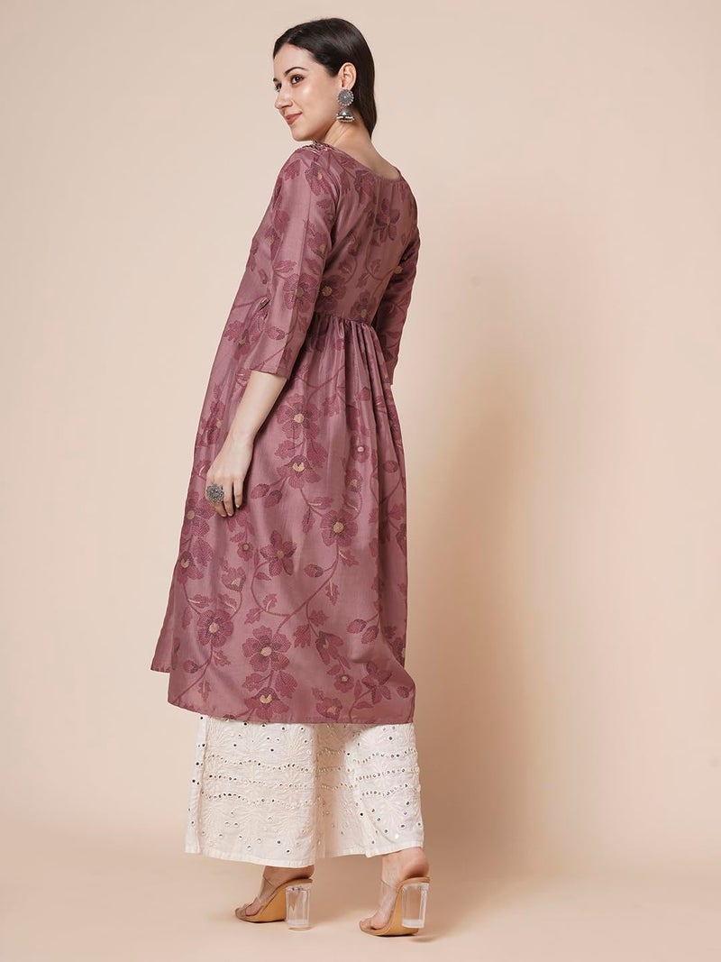 RATAN Women's Gold Printed Viscose Flared Mirrorwork Ethnic Wear Anarkali Kurta (SJWT-7410-L_Mauve) - Image 2