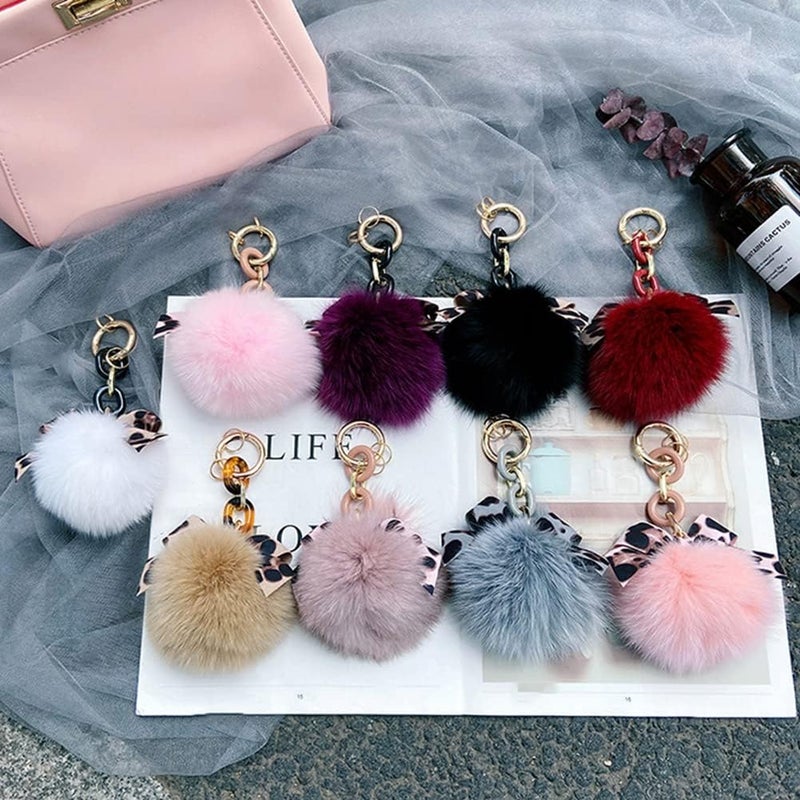 cheekyglo Plush Key Ring  Stuffed Fluffy Faux Pompom Keychain Animals Keyring Charm Leopard Pattern Bowknot Keychain Fox Fur Pompom Keychain for Ladies Girls Women - Image 2