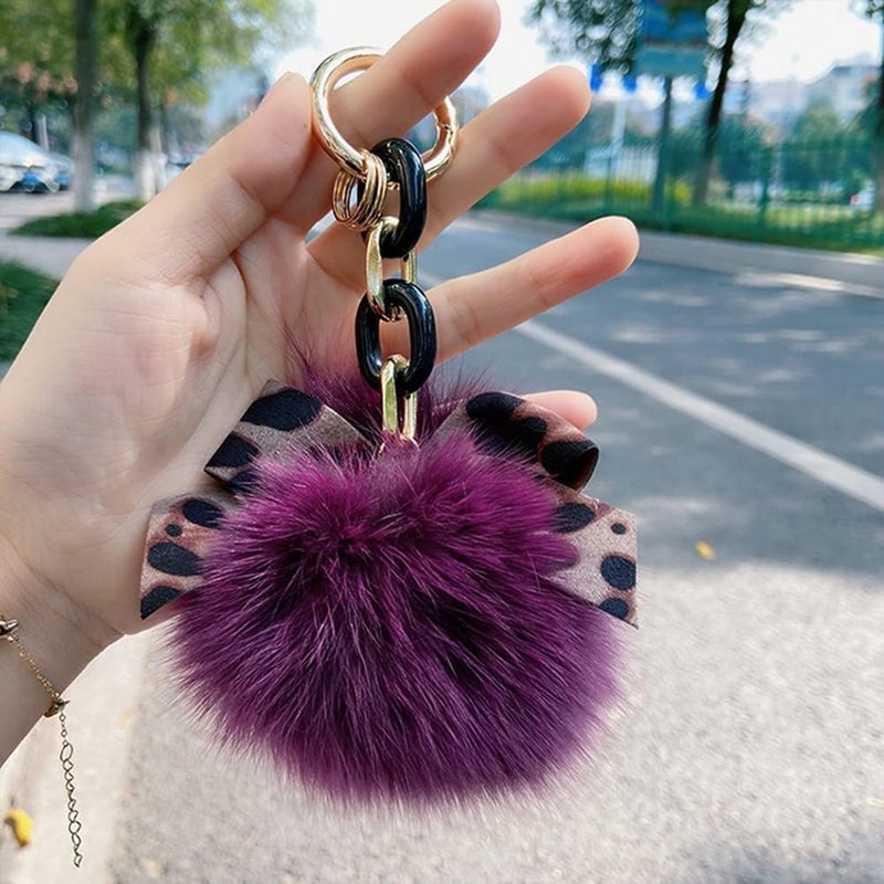 cheekyglo Plush Key Ring  Stuffed Fluffy Faux Pompom Keychain Animals Keyring Charm Leopard Pattern Bowknot Keychain Fox Fur Pompom Keychain for Ladies Girls Women - Image 1