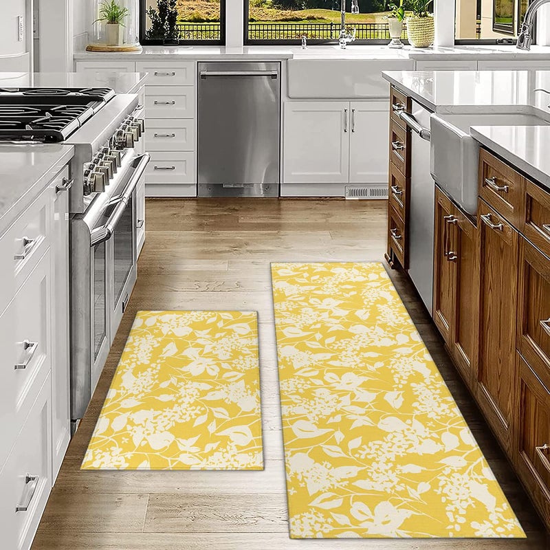 Ideasonna Yellow Floral Kitchen Rug Mat Spring Country Kitchen Rugs Sets of 2 Washable Kitchen Floor Mats Non-Slip Yellow Kitchen Decor - Image 2