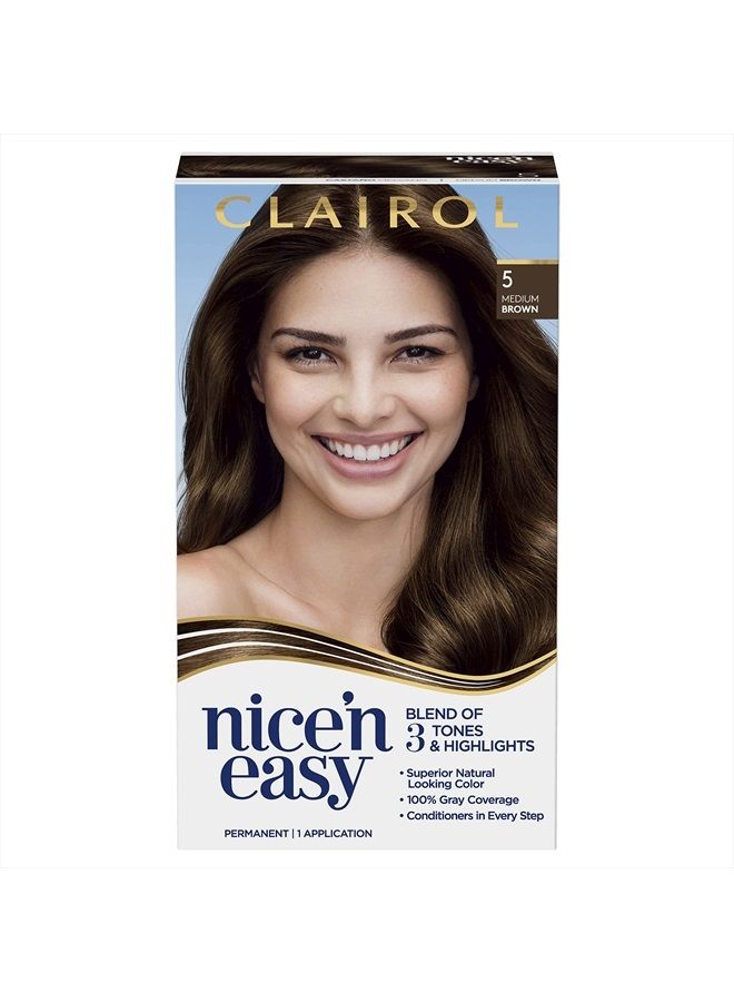 CLAIROL صبغة شعر دائمة من Nice'n Easy، 5 ألوان شعر بني متوسط، عبوة من قطعة واحدة - Image 1