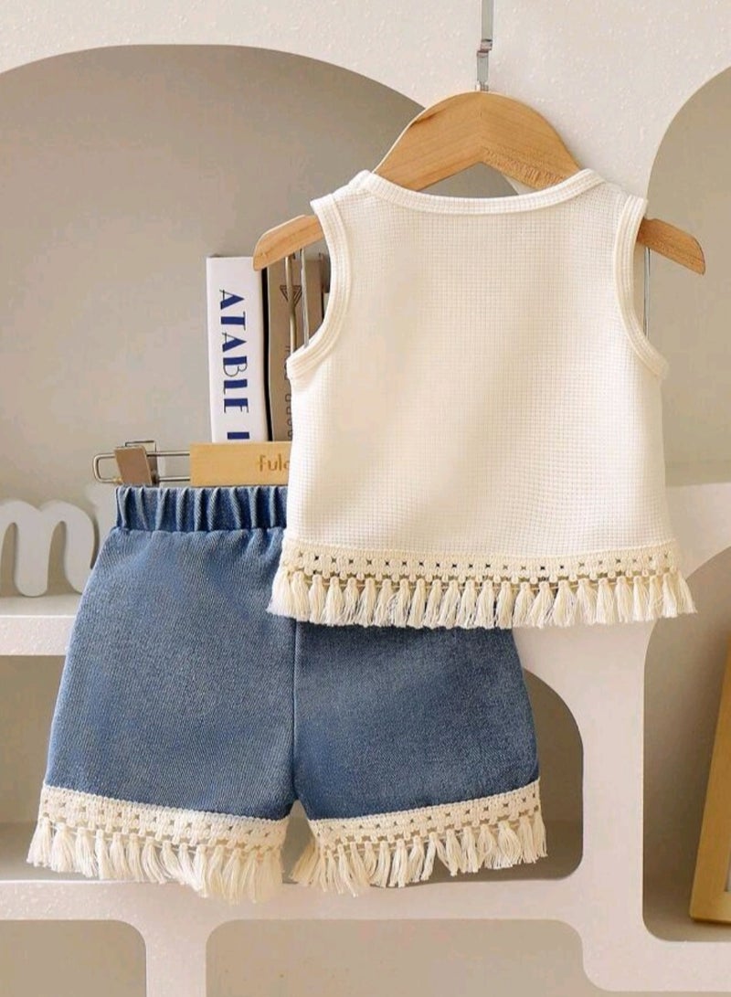 Girls' Sleeveless Tassel Top and Shorts Outfit 