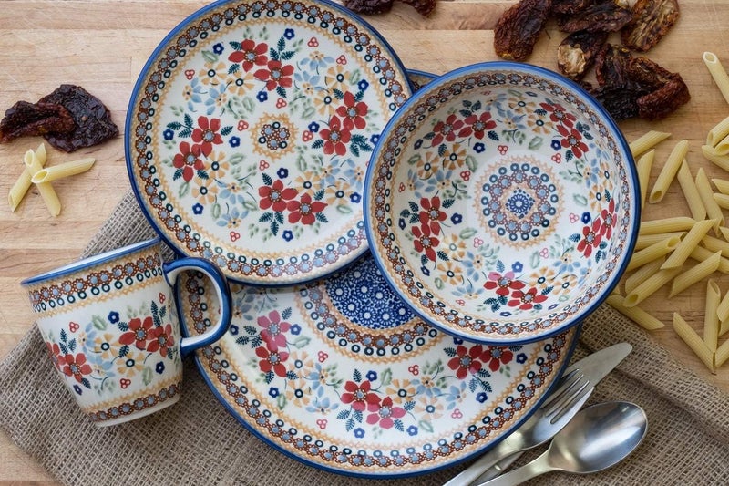 Blue Rose Pottery Blue Rose Polish Pottery Red Daisy 4 Piece Place Setting  Service for 1  - Image 2