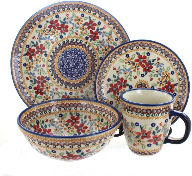Blue Rose Pottery Blue Rose Polish Pottery Red Daisy 4 Piece Place Setting  Service for 1  - Image 1