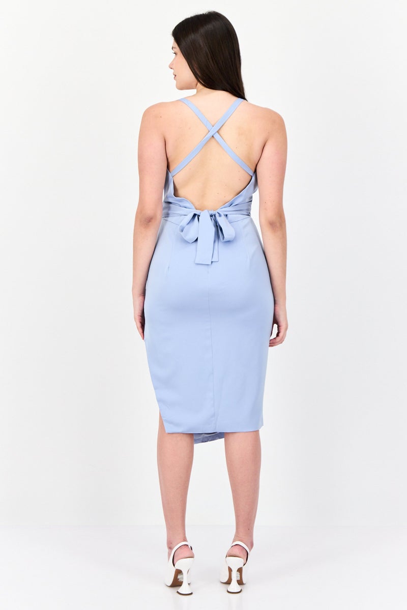 lavish alice Women Plain Belted Shift Mini Dress, Blue - Image 4