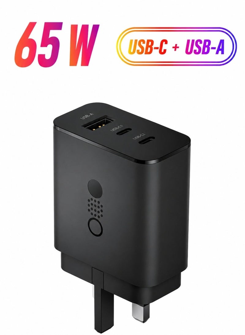 ZAMFA 65W GaN 3-Port Fast Charger | Dual USB-C PD + USB-A | MacBook M1 M2 M3 iPhone 16 15 Samsung Galaxy iPad | Simultaneous Charging | Compact Travel Wall Adapter UAE - Image 1