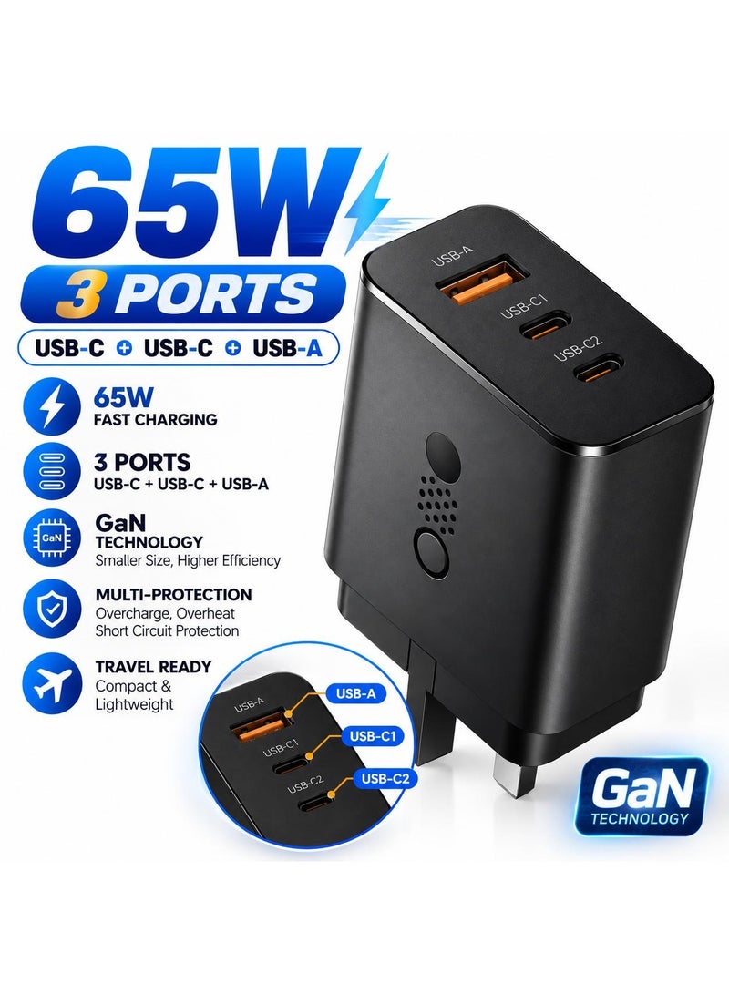 زامفا شاحن سريع ZAMFA بقوة 65 واط وتقنية GaN وثلاثة منافذ | منفذا USB-C (بتقنية PD) ومنفذ USB-A | متوافق مع MacBook (M1/M2/M3) وiPhone 16/15 وSamsung Galaxy وiPad | شحن متزامن للأجهزة | محول حائط مدمج ومثالي للسفر (الإمارات) - Image 1