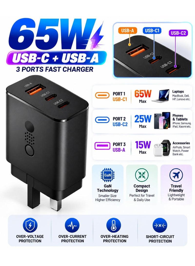 زامفا شاحن سريع ZAMFA بقوة 65 واط وتقنية GaN وثلاثة منافذ | منفذا USB-C (بتقنية PD) ومنفذ USB-A | متوافق مع MacBook (M1/M2/M3) وiPhone 16/15 وSamsung Galaxy وiPad | شحن متزامن للأجهزة | محول حائط مدمج ومثالي للسفر (الإمارات) - Image 2