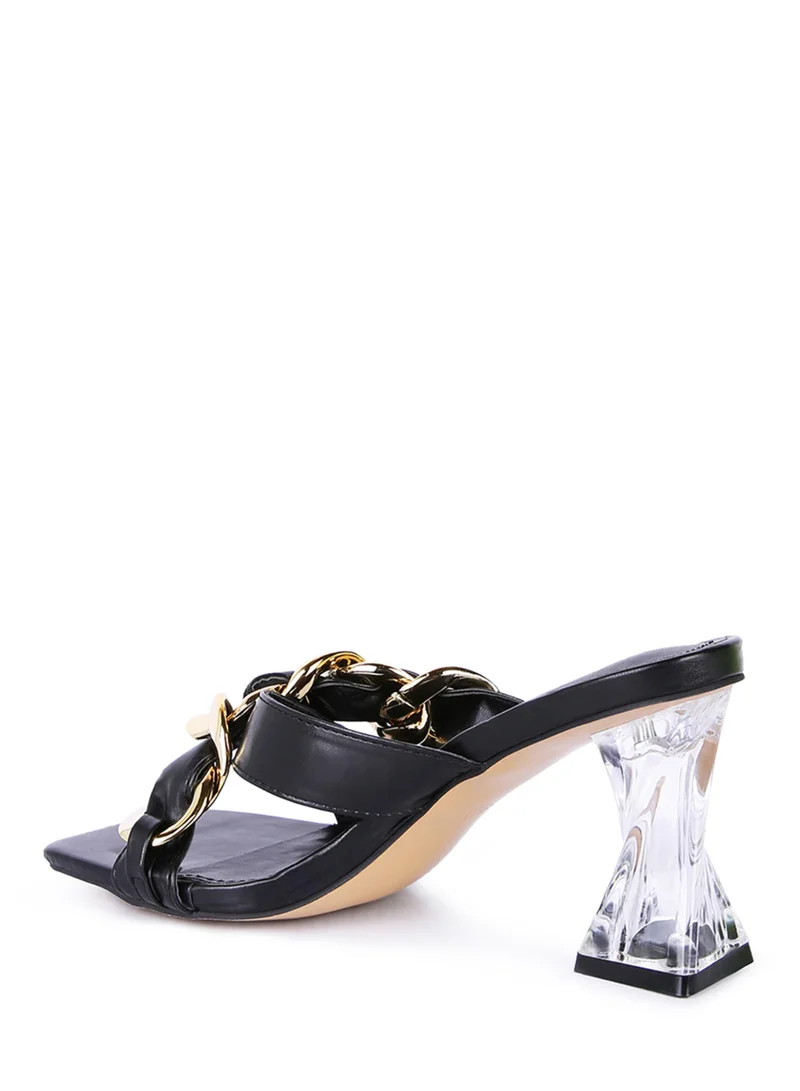 London Rag Black Clear Heel Chain Detail Sandals