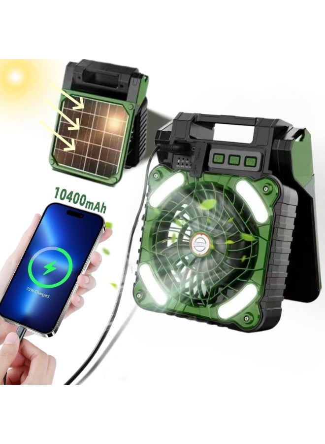 Solar Powered Fan,10400mAh rechargeable Solar Power Cordless Battery Fan with LED Lantern | 4 Wind Speeds Adjustable | 3 Timers Modes | Quiet , Portable Camping Fan for Travel, Tent, Fishing ,Picnic(Army Green) - Image 1