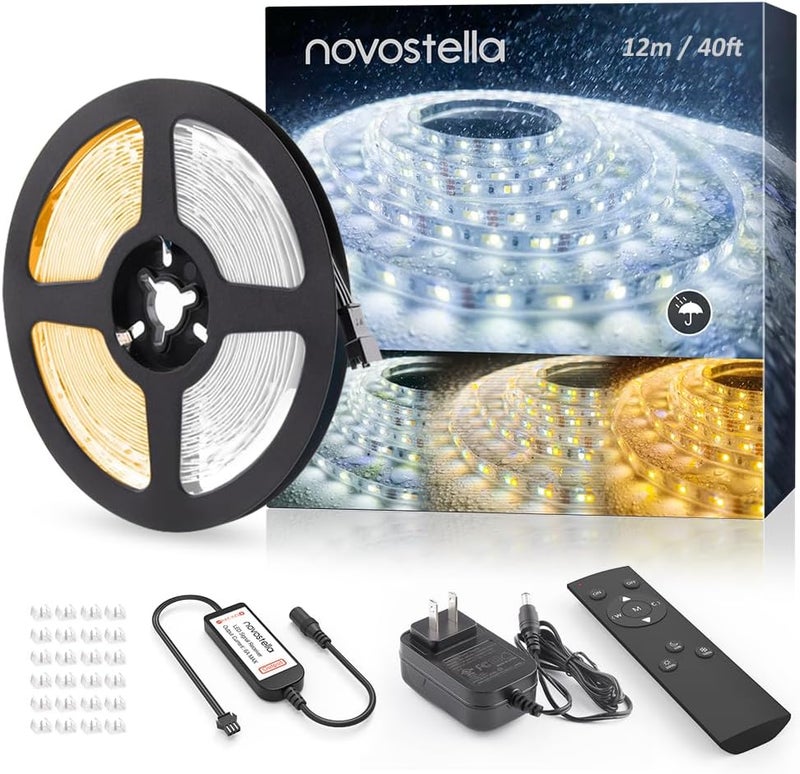 NOVOSTELLA 40ft Waterproof Tunable White LED Strip Lights, Dimmable Flexible Rope Light 3000K-6500K 12V Tape Light with Remote, Ribbon for Outdoor and Indoor Bedroom Home Mirror Kitchen Cabinet - Image 1
