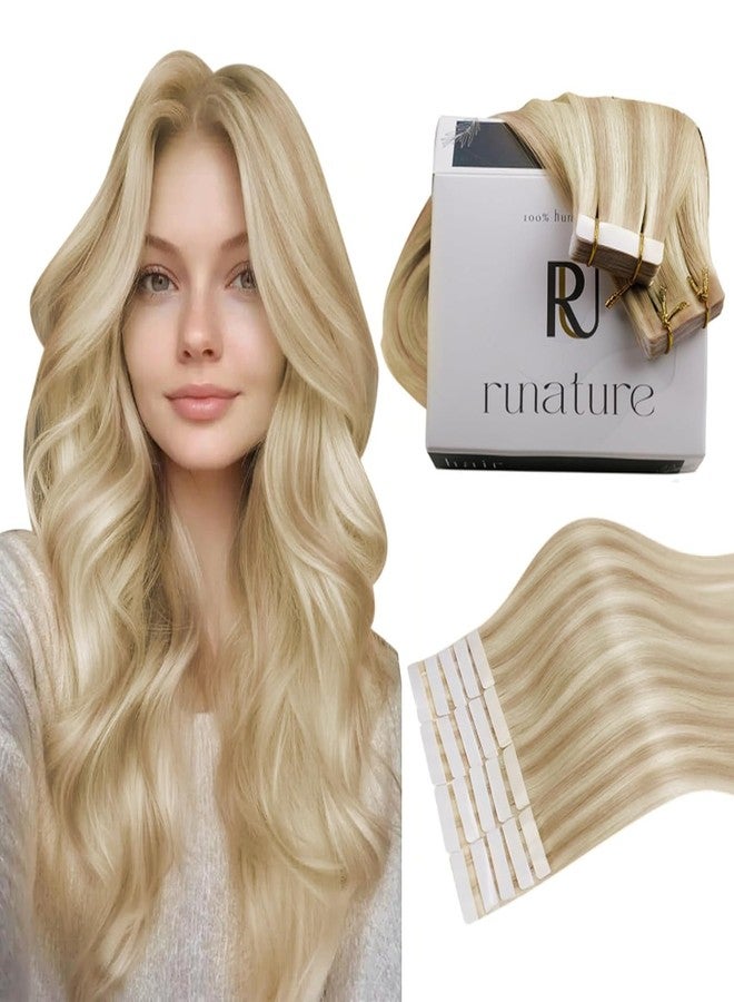 رونتشر وصلات شعر RUNATURE شقراء لاصقة، شعر بشري طبيعي، 50 غرام، 14 بوصة، وصلات شعر بشري طبيعية غير مرئية، شعر ريمي أشقر مع خصلات فاتحة، قابلة للتصفيف، 20 قطعة #18P60 - Image 1