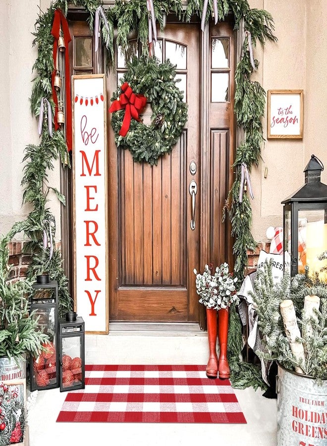 Fallovea Christmas Rugs Red and White Plaid, 28” x 43” Area Rug Outdoor Indoor Front Porch Doormat Cotton Hand-Woven Layered Door Mats for Entryway Patio Entryway Laundry Bedroom Living Room - Image 1