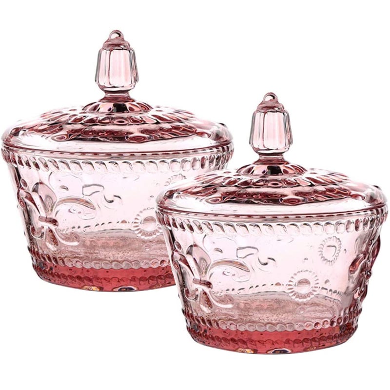 MASSJOY Set of 2 European Retro Nostalgic 3D Relief Pink Glass Jar Candy Jar Seasoning Jar with Lid