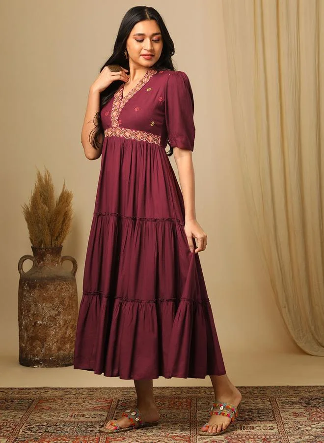 globus Embroidered Boho Tiered Fusion Maxi Dress