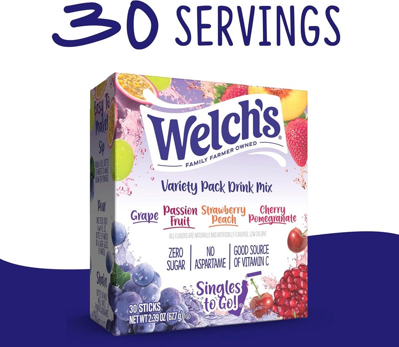 Welch's Singles To Go Variety Pack Drink Mix - 30 Servings with Grape, Passion Fruit, Strawberry Peach, and Cherry Pomegranate Flavors - Image 4
