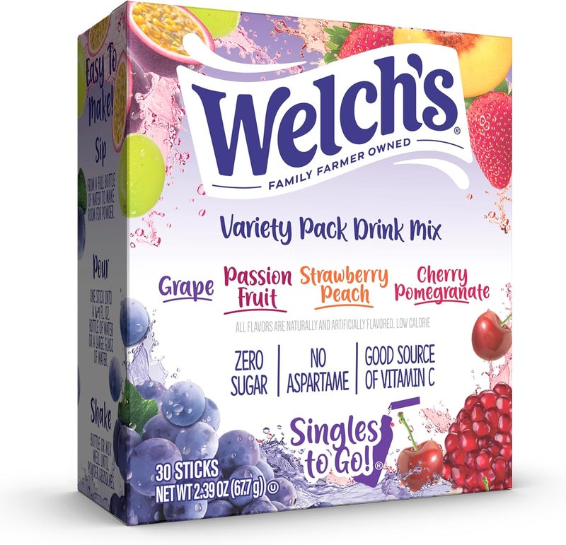 Welch's Singles To Go Variety Pack Drink Mix - 30 Servings with Grape, Passion Fruit, Strawberry Peach, and Cherry Pomegranate Flavors - Image 1