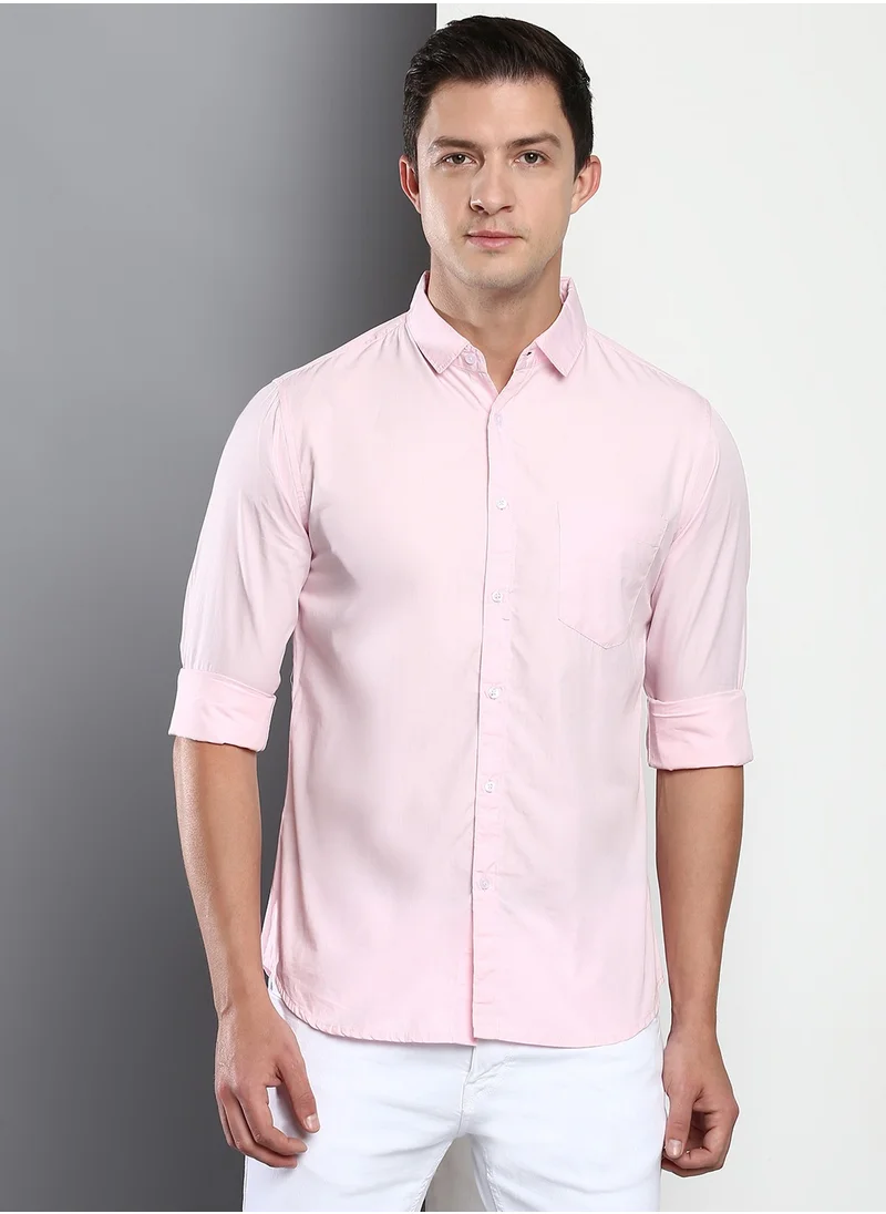 Dennis Lingo Men's Slim Fit Solid Pink Casual Spread Collar Shirt - 100% Cotton