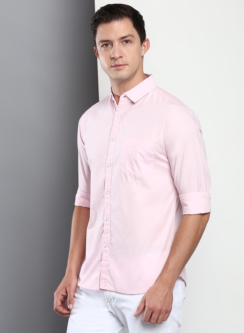 Dennis Lingo Men's Slim Fit Solid Pink Casual Spread Collar Shirt - 100% Cotton - Image 3