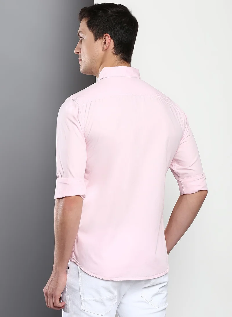 Dennis Lingo Men's Slim Fit Solid Pink Casual Spread Collar Shirt - 100% Cotton